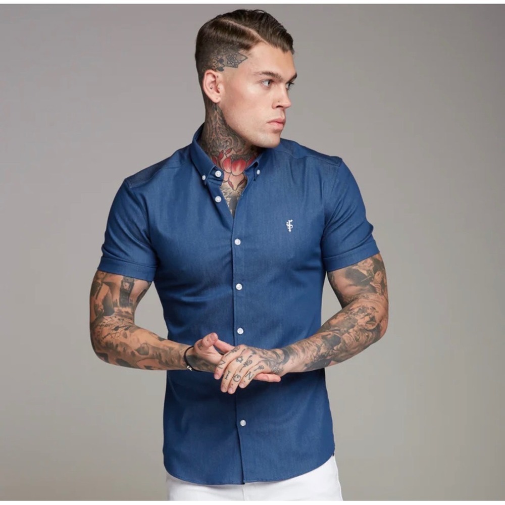 Father Sons Mens Blue Denim Stretch Slim Fit Short Sleeve Button Down Shirt M